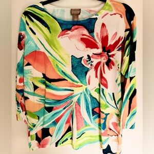 🌺Chicos Tropical Multi Color Soft Cotton Blend 3/4 Sleeve Pullover Sweater. 2, L